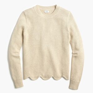 J Crew Scalloped Hem Cotton Crewneck Sweater Size Large Light Tan